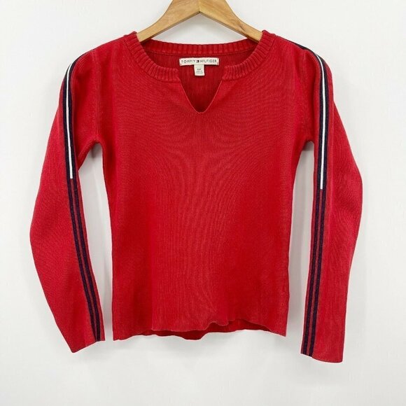 Tommy Hilfiger Vintage Y2K Red Knit Flag Sleeve Slim Fit Split Neck Sweater - Picture 2 of 7